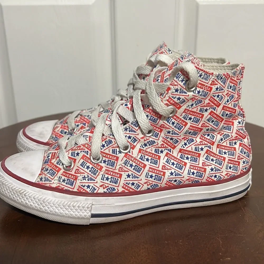🔥🔥 CONVERSE‎ Hi-Tops Red White Blue All Over Print - Big KIDS Sz 1 - PERFECT